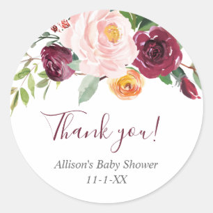 Herfst floral blush roze burgundy wil je bedanken ronde sticker