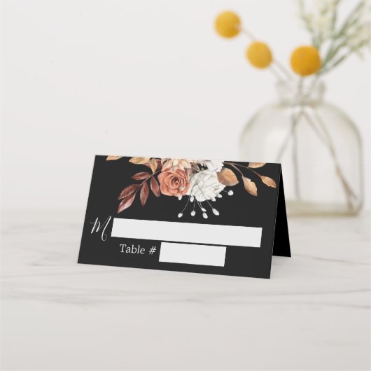 Herfst Floral Bouquet Black Wedding Place Card (Voorkant)
