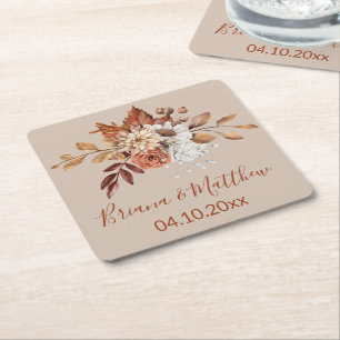 Herfst Floral Bouquet Taupe Square Paper Onderzett Vierkante Kartonnen Onderzetter