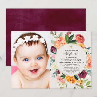 Herfst floral burgundy blush rustige baptisme foto kaart