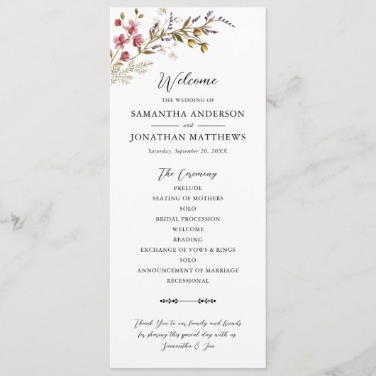 Herfst Floral Modern Wildflowers Wedding Programma (Voorkant)