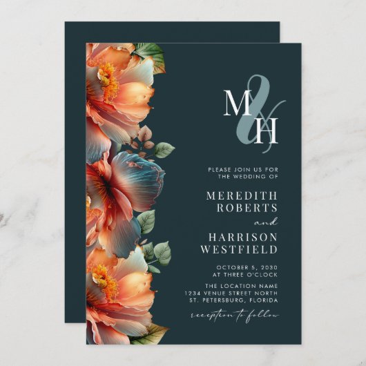 Herfst Floral Monogram QR Code RSVP herfst bruilof Kaart (Voorkant / Achterkant)