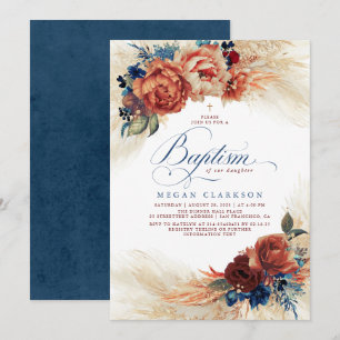 Herfst Floral Navy Blue en Terracotta Baptism Kaart