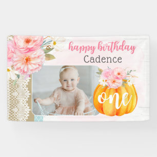 Herfst Floral Pumpkin Baby Girl's 1e Verjaardag Fo Spandoek