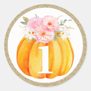 Herfst Floral Pumpkin Baby Girl's 1e verjaardag Ronde Sticker