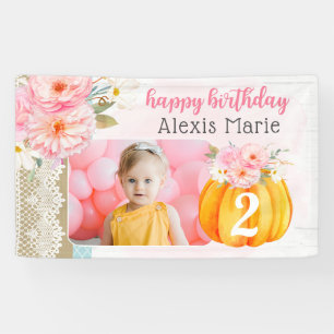 Herfst Floral Pumpkin Girl's Custom Verjaardagsfot Spandoek