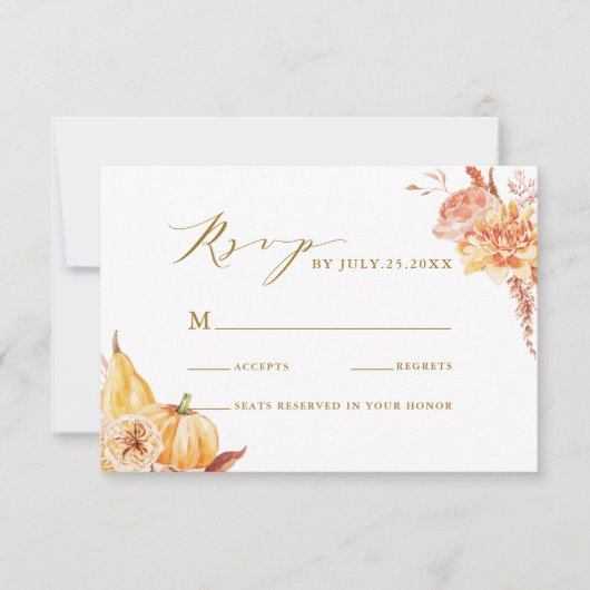 Herfst Floral Pumpkin Rustic Wedding Gold Script RSVP Kaartje (Voorkant)