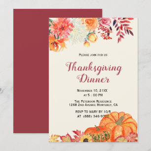 Herfst Floral Pumpkin Thanksgiving Uitnodigingen