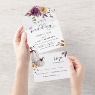 Herfst Floral Pumpkins Burgundy Mustard Rustic All In One Uitnodiging