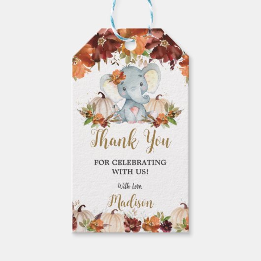 Herfst Floral Pumpkins Cute Elephant Baby shower Cadeaulabel (Voorkant)