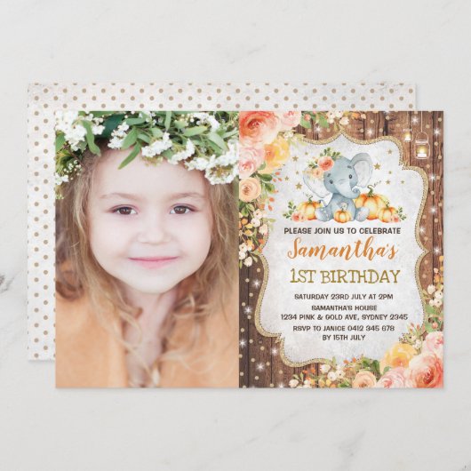 Herfst Floral Rustic First Birthday Kaart (Voorkant / Achterkant)