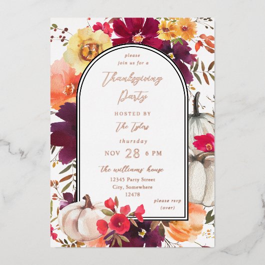 Herfst Floral Thanksgiving witte pompoen Folie Uitnodiging (Voorkant)