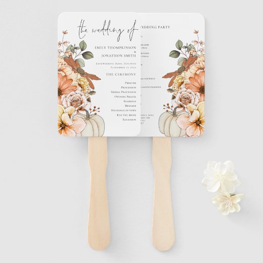 Herfst Florals Pumpkin Waterverf Wedding Programme Handwaaier (Voorkant en achterkant)