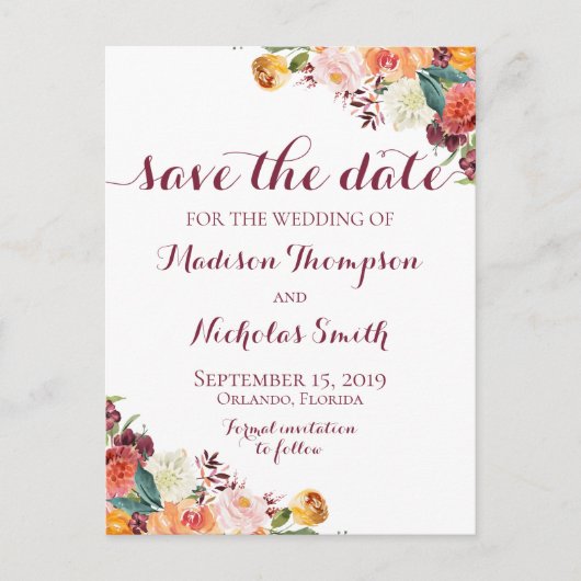 Herfst Flower Save the Date Briefkaarten, Sinaasap Briefkaart (Voorkant)