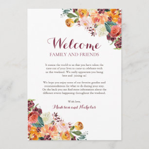 Herfst Flower Wedding Hotel Welcome Cards, Oranje Programma