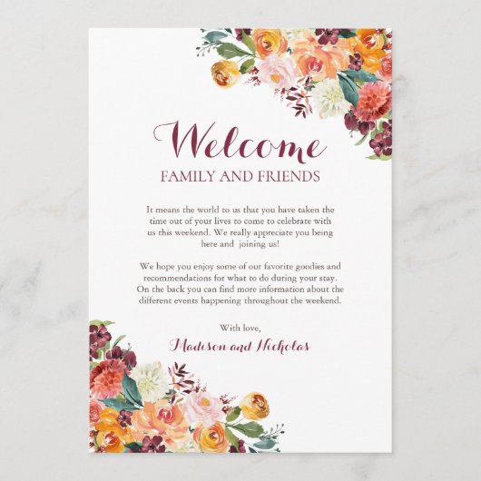 Herfst Flower Wedding Hotel Welcome Cards, Oranje Programma (Voorkant)
