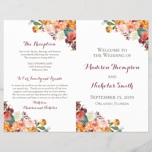Herfst Flower Wedding Program Booklets, Oranje roz Flyer (Voorkant)