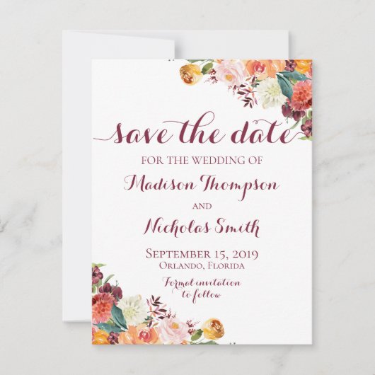Herfst Flower Wedding Sla de datum Kaart, Sinaasap Save The Date (Voorkant)