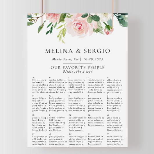 Herfst Flowers Alfabetical Wedding Seating Chart Poster