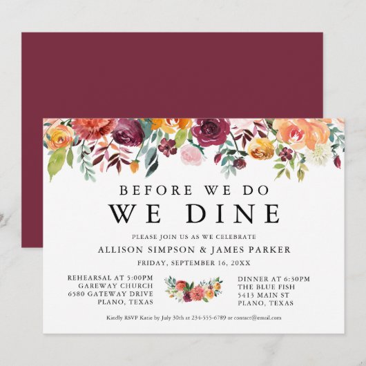 Herfst Flowers Boho Rehearsal Dinner Invitation Kaart (Voorkant / Achterkant)