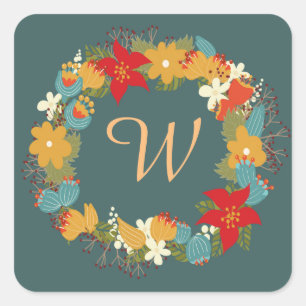 Herfst Flowers Monogram Square Stickers, Glossy Vierkante Sticker