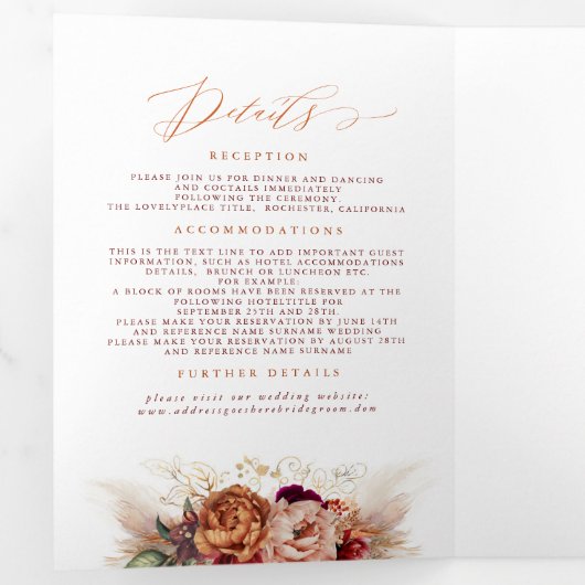 Herfst Flowers Pumpkin Elegant Boho Wedding Drieluik Uitnodiging (Binnenzijde eerst)