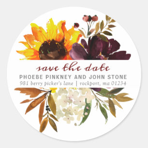 Herfst Flowers Sla de datum op Retouradreslabel Ronde Sticker