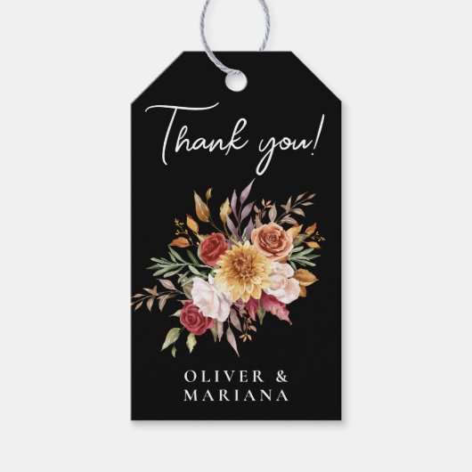 Herfst Foliage Bloemen Zwart Bruiloft Favor Cadeaulabel (Voorkant)