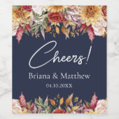 Herfst Foliage Flowers Navy Blue Bruiloft Wijn Etiket (Enkel label)