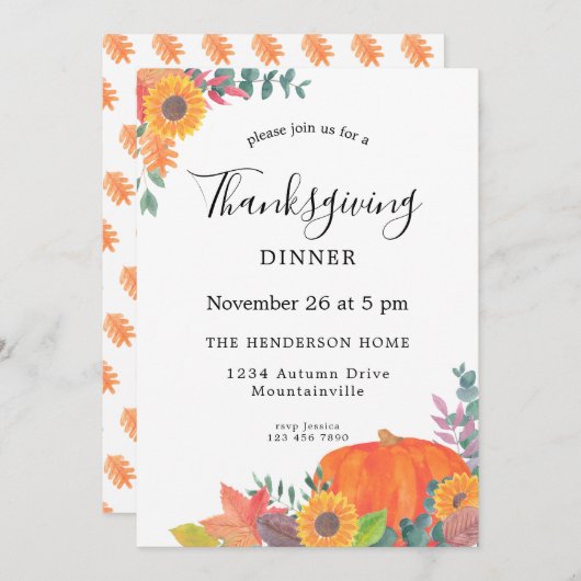 Herfst Foliage Sunflower Pumpkin Thanksgiving Kaart (Voorkant / Achterkant)