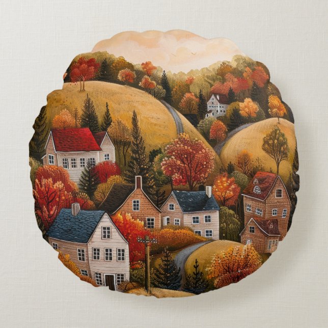 Herfst Folk Art Olieverf Schilderen Ronde Kussen (Voorkant)