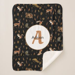 Herfst Forest Animals Autumn Leaves Monogram Sherpa Deken