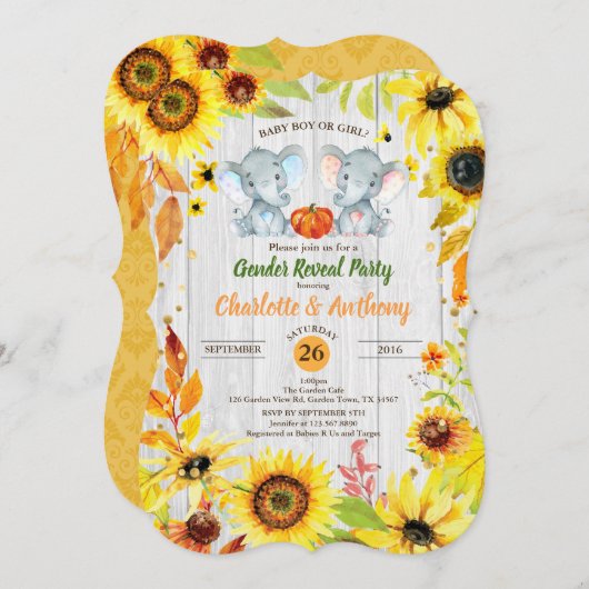 Herfst Geslacht Onthullen Uitnodiging Zonnebloem O (Voorkant / Achterkant)