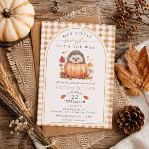 Herfst Gingham Klein Pompoentje Op Weg Baby Shower Kaart