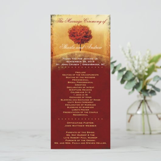 Herfst Glorie Rode Boom Trouwprogramma Programma (Staand voorkant)