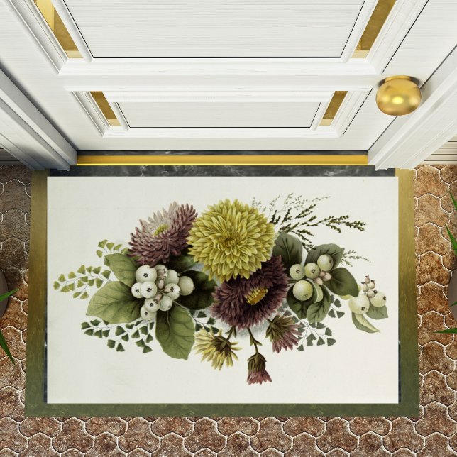  herfst Gold Chrysanthema met Berries Deurmat (Vintage Autumn Gold Chrysanthemums with Berries Doormat)