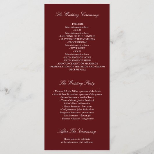 Herfst Gold en Bourgogne verlaat huwelijksprogramm Programma (Achterkant)