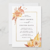 Herfst Gold Floral Pumpkin Rustic Wedding Kaart (Voorkant)