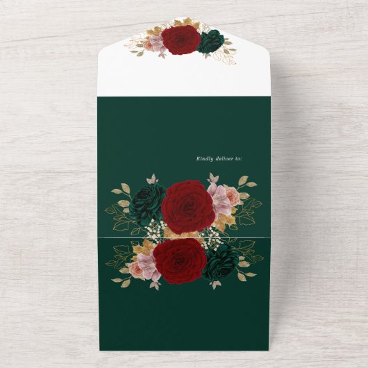 Herfst Goud Bourgondië Emerald Greeny bruiloft All In One Uitnodiging (Buitenkant)