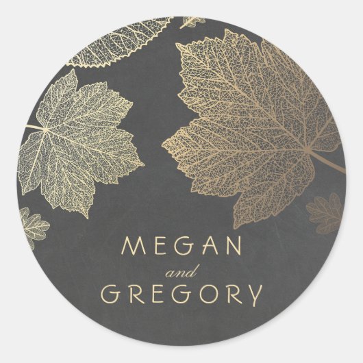 Herfst Goud en Chalkboard Bladeren Bruiloft Ronde Sticker (Voorkant)