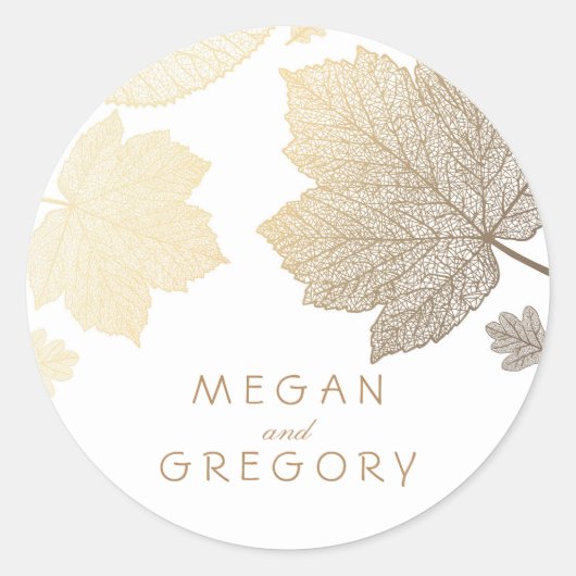Herfst Goud en Witte Bladeren Bruiloft Ronde Sticker (Voorkant)