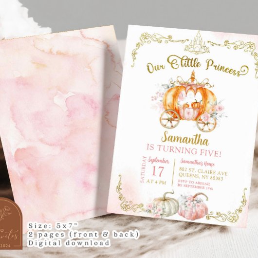 Herfst Goud Roze Prinses Pompoen Carriage Birthday Kaart