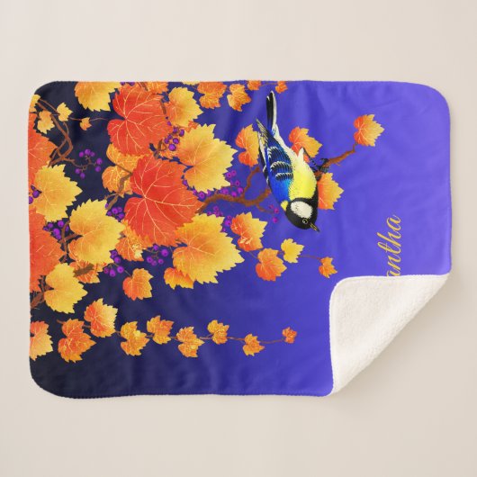 Herfst Grape Vine Great Tit Bird Leaves Blue Sherpa Deken (Voorkant (horizontaal))