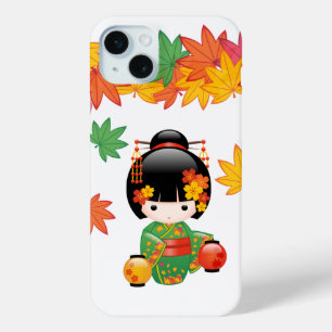 Herfst Groene Kimono Kokeshi Pop Maple Bladeren iPhone 15 Mini Hoesje