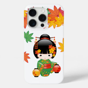 Herfst Groene Kimono Kokeshi Pop Maple Bladeren iPhone 15 Pro Case