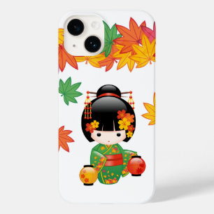 Herfst Groene Kimono Kokeshi Pop Maple Bladeren Case-Mate iPhone 14 Hoesje