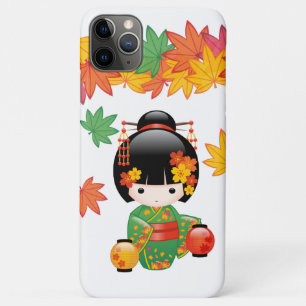 Herfst Groene Kimono Kokeshi Pop Maple Bladeren iPhone 11 Pro Max Hoesje