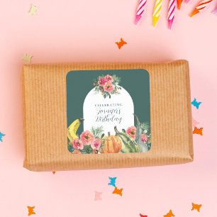 Herfst Groene Pompoenen Roze Bloemen Verjaardagsfe Vierkante Sticker