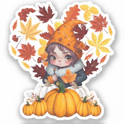 Herfst Hallo Vibes Gnome Pompoen Hart Sticker (Voorkant)