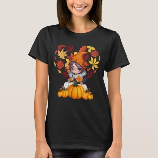 Herfst Hallo Vibes Gnome Pompoen Hart T-shirt (Voorkant)